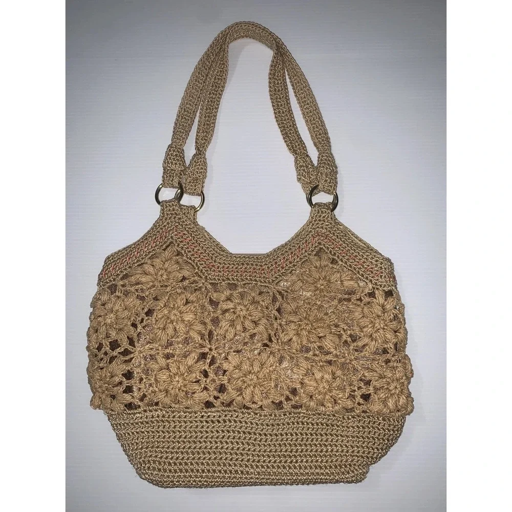 The Sak Crochet Hobo Shoulder Bag Boho Purse Floral Tan Chic Beach Summer Casual